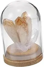ADOCARN Natural Crystal Cluster with Wooden Base Unique Glass Dome Display Aesthetic Desk Decoration for Home Office Enchanting Wishing Bottle Decor Peaceful Miniature Scene