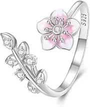 [IMINI] Adjustable Cherry Blossom Leaf Ring S925 Sterling Silver - Hypoallergenic CZ Crystal Pink Flower Jewellery for Women Girls, Promise & Engagement Rings UK Size O-S, Sterling Silver, Cubic