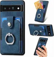 Compatible with Google Pixel 6 Pro Magnetic Bracket Case,Compatible with Google Pixel 6 Pro (PC+TPU+PU) 3 in 1 Card Slots Kickstand Phone Cover Blue