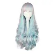 Breathable Hair Wigs for Women 26" Pink Highlights Blue Curly Wig with Wig Cap