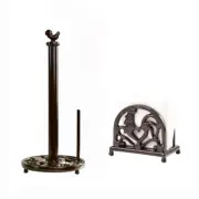 Paper Towel Holder and Napkin Holder Set - Vintage Cast Iron Coffee Gold Rooster
