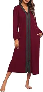 [Ekouaer] Women House Coat Zipper Front Robe Long Sleeves Sleepwear Full Length Nightgown with Two Pockets