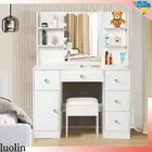 Dressing Table Stool Set Makeup Mirror LED Light Storage Cabinet Drawer White