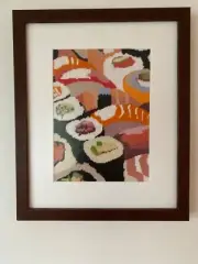new-hand stitched and framed needlepoint tapestry- Sushi theme/walnut frame