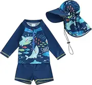 [Qianderer] Toddler and Baby Boys' 3-Piece Swimsuit Trunk Long Sleeve Rash Guard Bathing Suit with Hat Set Swimwear