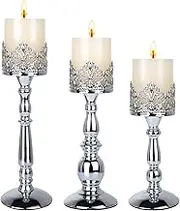 Candle Holders for Pillar Candles Set of 3 Silver Vintage Tall Candle Holders Decorative Large Table Centerpieces Candle Stand Decor
