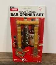 Vintage Action Maid Wood Handle 3 pc Bar Opener Set Corkscrew Can Bottle