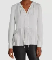 $346 Theory Women's Ivory Satin Pleated Self-Tie Blouse Top Petite Size P