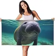 Stvyukl Oversized Microfiber Beach Towel Lightweight Sandproof Bath Towel Cute Sea Animal Manatee Swim Towel Peach Skin Velvet Quick Dry Beach Towels for Adults Women Men 27.5x55in,White