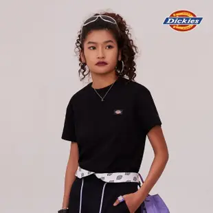 【Dickies】女款黑色純棉短版Logo小織標短袖T恤｜DK011775BLK