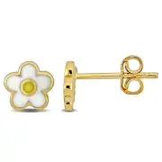 Amour 14K Yellow Gold White Enamel Flower Design Stud Earrings