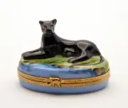 New French Limoges Trinket Box Black Panther Big Cat in Tropical Rainforest