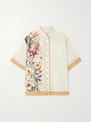 [Zimmermann] Zimmermann - + Net Sustain Lexi Raffia-trimmed Floral-print Linen Shirt - Ivory - 0 0 Ivory