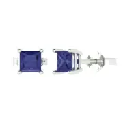 1Ct Tanzanite - Princess Cut VVS1 - Gold Stud Earrings Push-Back Great Gift