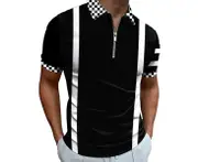 Men's Short Sleeve Zipper Polo Shirt Men's Lapel Zipper Short Sleeve Striped Printed Short Sleeve