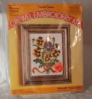 1973 Crewel Embroidery Kit Pansies w/Frame NOS Pauline Denham