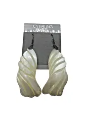 Sterling Silver Shell White ish Earrings 2 inch Drop Loop Pierced Earrings New