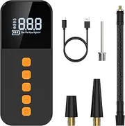 AMIR Portable Air Compressor, Powerful Cordless Tyre Inflator with 3 Nozzle Adaptors and LED Light, Tyre Pump with Pressure Gauge for Car, Motorbike, Bike and Ball