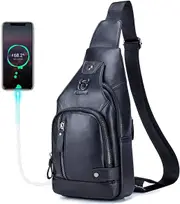 BULLCAPTAIN Men Sling Crossbody Bag with USB Charging Port Genuine Leather Shoulder Chest Bag Travel Hiking Backpack