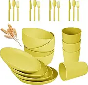 Wheat Straw Dinnerware Sets - 24 pcs Lightweight Bowls Unbreakable Dish Set Dishwasher Microwave Safe Wheat Straw Cups Cutlery Plates and Bowls Set for 4 Suitable for Camping Party Grill