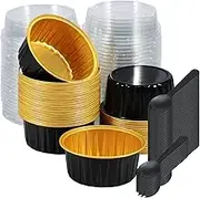 50Pcs Aluminium Foil Baking Cups 5oz Mini Cake Pans with Lids and Spoons Heat Resistant Cupcake Baking Cups Reusable Foil Muffin Liners for Gatherings Picnics Parties (Black Gold)