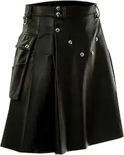 [Generic] Mens PU Faux Leather Kilts Scottish Style Sport Utility Kilts Vintage Goth Solid Color Pleated Skirts with Pockets