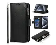IPhone 15 Pro Max Wallet Case With Zipper Credit Card Holder,PU Leather Shockproof 15 Pro Max Phone Case-Black