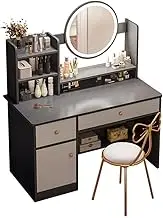 Modern Dressing Table with LED Mirror, 100cm Length, Storage Drawers and Gold Bow Chair, Black/Grey