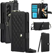 [ELEPIK] for Samsung Galaxy Z Fold 4 Case with S Pen Holder, [4 Card Holders + 1 Cash Slot] [Detachable Crossbody Strap & Hand Strap] Durable PU Leather Exquisite and Elegant Wallet Phone Case, Black