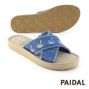 Paidal 渡假椰子樹刷白牛仔交叉款厚底氣墊拖鞋-藍