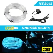 2SET 5M LED Car Interior Decor Atmosphere Wire EL USB Strip Lights Lamp Bulb Ice (for: Renault)