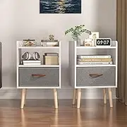 Advwin Bedside Table Fabric Drawer Set of 2, Wooden Side Table, Small Narrow Nightstand, Chest of Drawers with Storage Shelf, Bedroom Living Room White&Grey