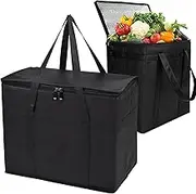 Insulated Grocery Shopping Bags, 2-Pack, XL-Large Black, Reusable Bag,Thermal Zipper,Collapsible,Tote,Cooler,Food Transport hot and Cold,Camping,Recycled Material delivery Groceries