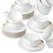 Durable White Porcelain Tea Cup Set - 12 Gold Trimmed Saucers, 7oz Capacity