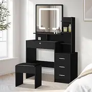 Oikiture Dressing Table with Mirror and Stool Set LED Light Makeup Mirror Desk Vanity Table with Storage Cabinet Black