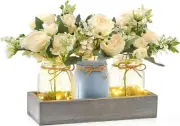 Mkono Mason Jar Lights Centerpiece Table Decorations for Dining Grey Blue