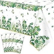 4 Pack Sage Green Eucalyptus Leaf Tablecover Sage Greenery Tablecloth Plastic Green Leaves Rectangular Greenery Table Cloths for Neutral Baby Shower Birthday Jungle Wedding Party Supplies 86 x 51 IN
