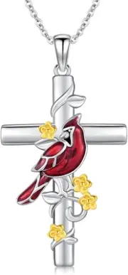 Cardinal Cross Necklace for Women 925 Sterling Silver Red Bird Christmas Gifts