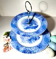 Easter 2-Tier Serving Tray Plate Beatrix Potter Peter Rabbit Tidbit Blue Toile
