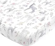NoJo Super Soft Floral Deer Nursery Mini Crib Fitted Sheet, Grey, Light Blue, Pink, White 24x38 Inch (Pack of 1)