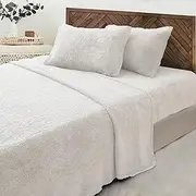 Luxor Teddy Bear Fleece Soft Thermal Warm Fitted Flat Sheet Set, White, King Single