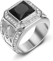 [CAVIEA] Vintage Black Onyx Gemstone Ring for Men,Stainless Steel Freemasonry Masonic Agate Ring Stone Signet Ring Unique Biker Stone Obsidian Diamond Ring Fashion Jewelry