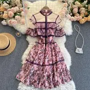 Mesh Panel Floral Lace Midi A-Line Dress 8587 - Pink - S