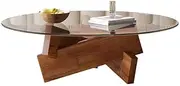 UPWONED Glass Round Coffee Table, Small Home Coffee Table with Solid Wood Legs, Simple Style Tea Table for Living Room and B&B, Multifunctional Decorative Center Table,Walnut