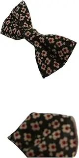 [Zasel] Mens Green With Cream & Red Flowers Cotton Bow Tie & Pocket Square Set Green, Cream, Red