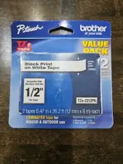 1/2" Brother P-Touch Black On White Label Tape 2 Pack TZe Tapes