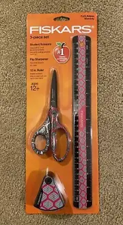 Fiskars 3 Piece Set, 7" Scissors, 12" Ruler, Pencil & Crayon Sharpener Ages 12+