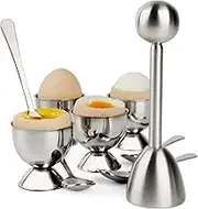 Egg Cracker Topper Set Soft Hard Boiled Eggs Separator Holder Include 4 Spoons and 4 Cups 1 Shells Remover Top Cutter Stainless Steel for Breakfast Kitchen Tool Egg Cutter Topper