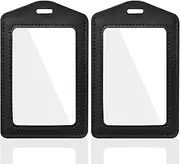 2 Pack Genuine Leather ID Badge Holders, Vertical ID Card Holders with Dual-Side Clear Window, Waterproof Name Badge Holde Suit for Office, Staff, Students, Employees(Black&Black)