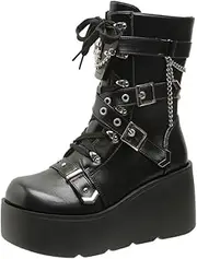 [Generic] Womens Goth Ankle Booties With Adjust Studded Metal Buckle Fashion Y2k Zip Lace Up Wedge Thick Sole Punk Motorcycle Combat Short Boots
